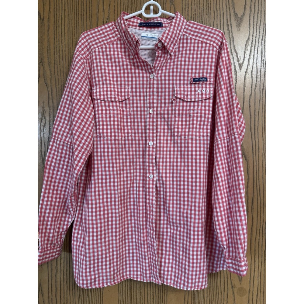 Columbia Women's Pink Checkered "PFG" Feminine Fishing Top,‎ XL